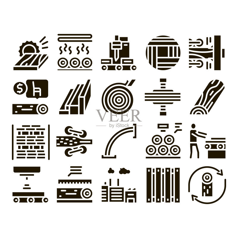 木材生产工厂Glyph集矢量图图标素材