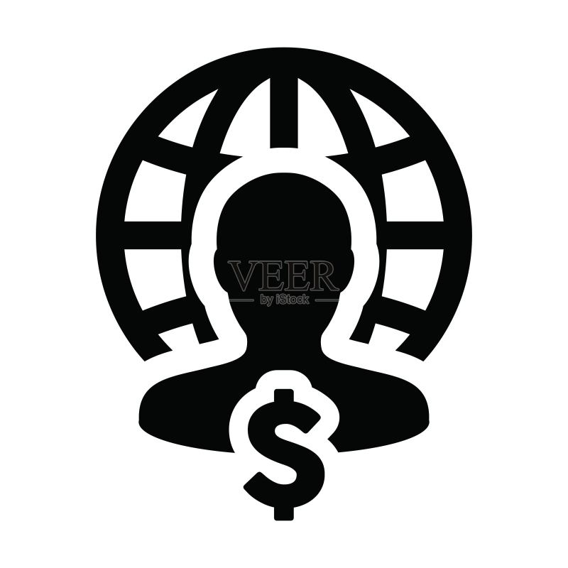 薪水图标矢量地球美元符号货币,带有男性人物档案头像符号,用于平面颜色字形象形图中的商业网络图标素材