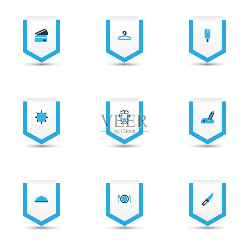 彩色旅游图标套装,含海滩冲浪元素图标素材