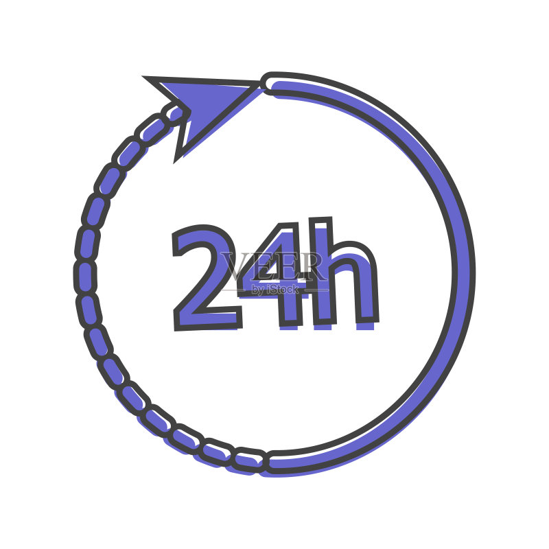 时钟矢量图标。24小时标志。白色隔离背景上的卡通风格时钟矢量图图标素材