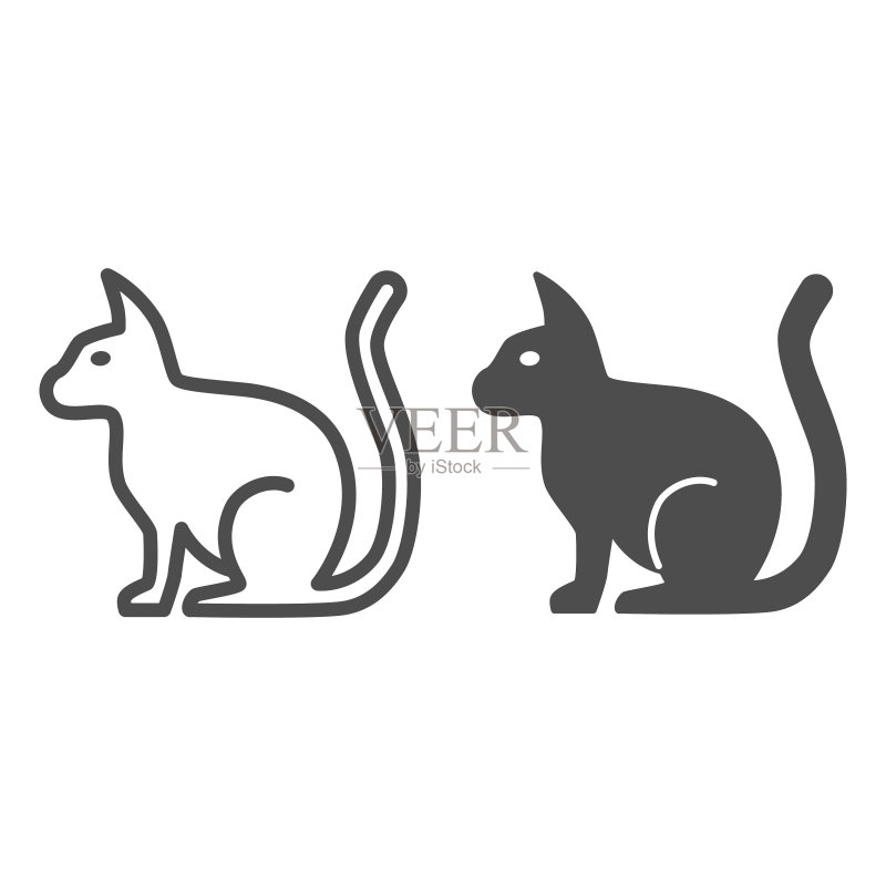 猫咪线条剪影图标:宠物概念,白色背景上的小猫标志,用于移动概念和网页设计的猫咪轮廓图标矢量图形图标素材