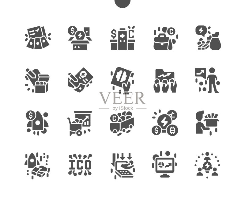 ICO代币区块链技术,首次代币发行,加密货币挖掘,IT创业公司众筹矢量实体图标,简单象形图图标素材