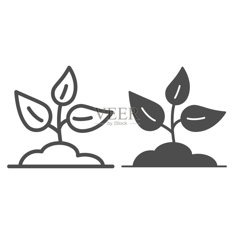 土地发芽线性图标和实心图标:花园园艺概念,白色背景上的幼苗标志,移动和Web的轮廓样式土壤幼苗生长图标矢量图形图标素材