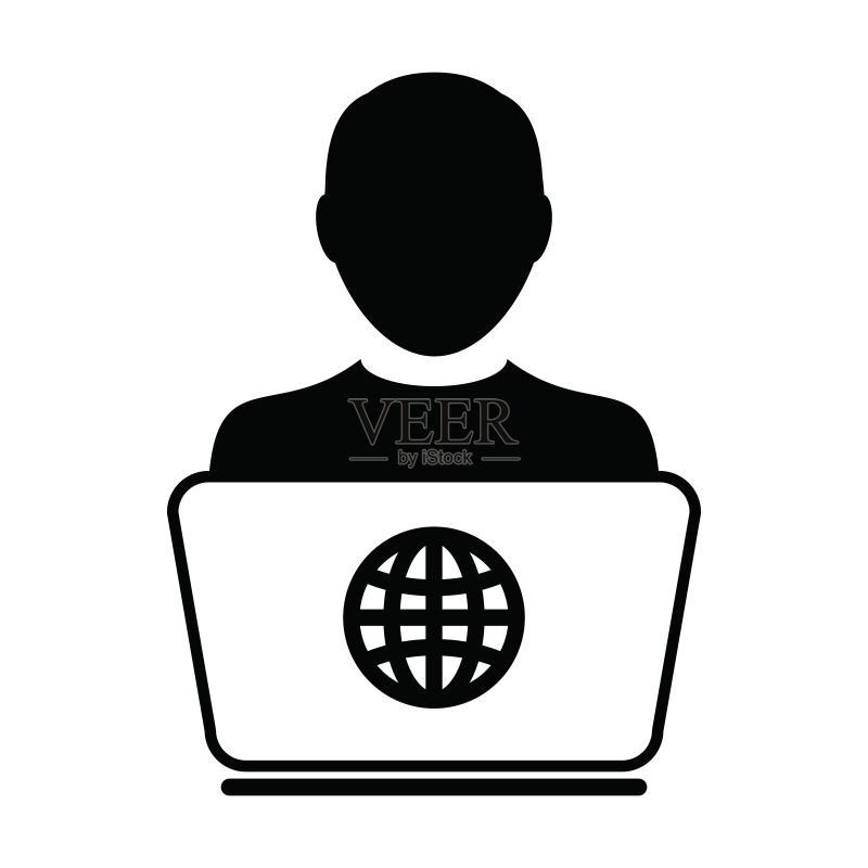 操作员图标矢量人物与笔记本电脑男性用户个人资料头像地球符号,用于在家在线工作图标素材