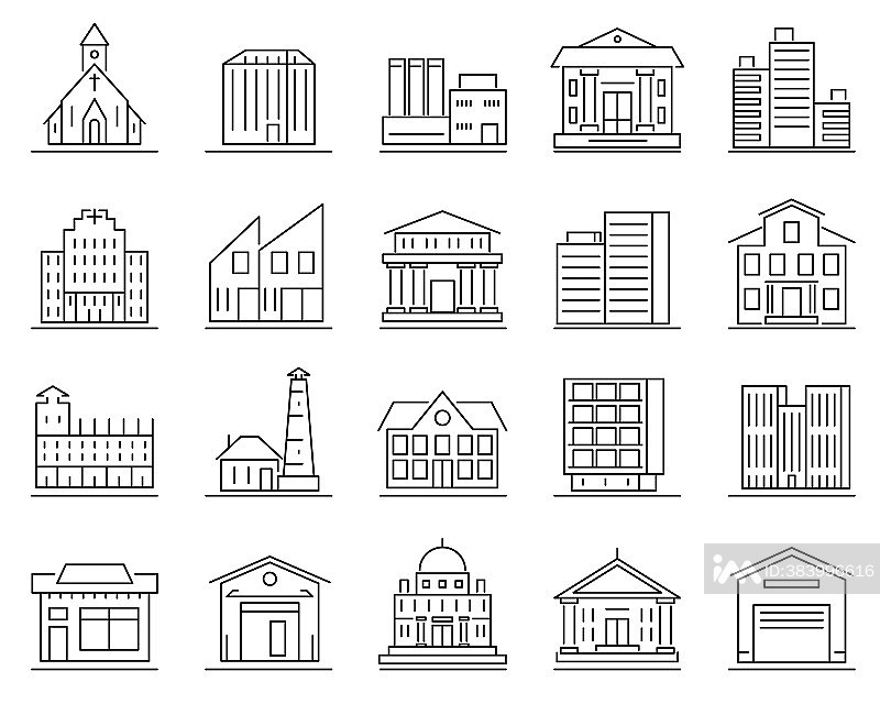 城市建筑标志轮廓线性图标集图标素材