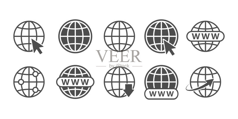 地球互联网图标,矢量地球、世界、行星符号,网络空间计算机网络设置,白色背景上的鼠标光标隔离概念标志图标素材