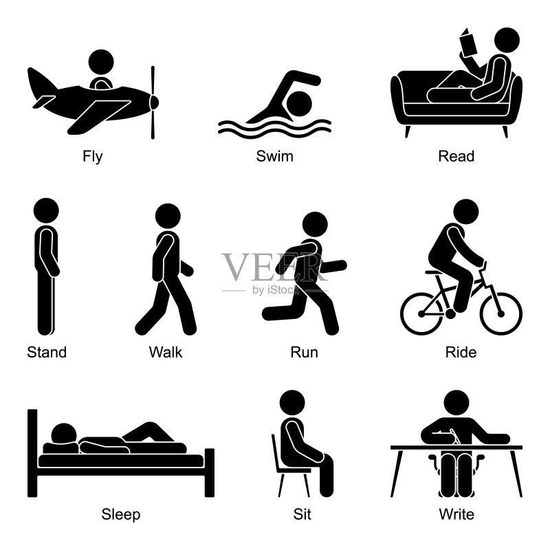 充满活力的简笔画男人:飞行、游泳、阅读、站立、行走、跑步、骑行、睡觉、坐着、写作矢量图图标素材
