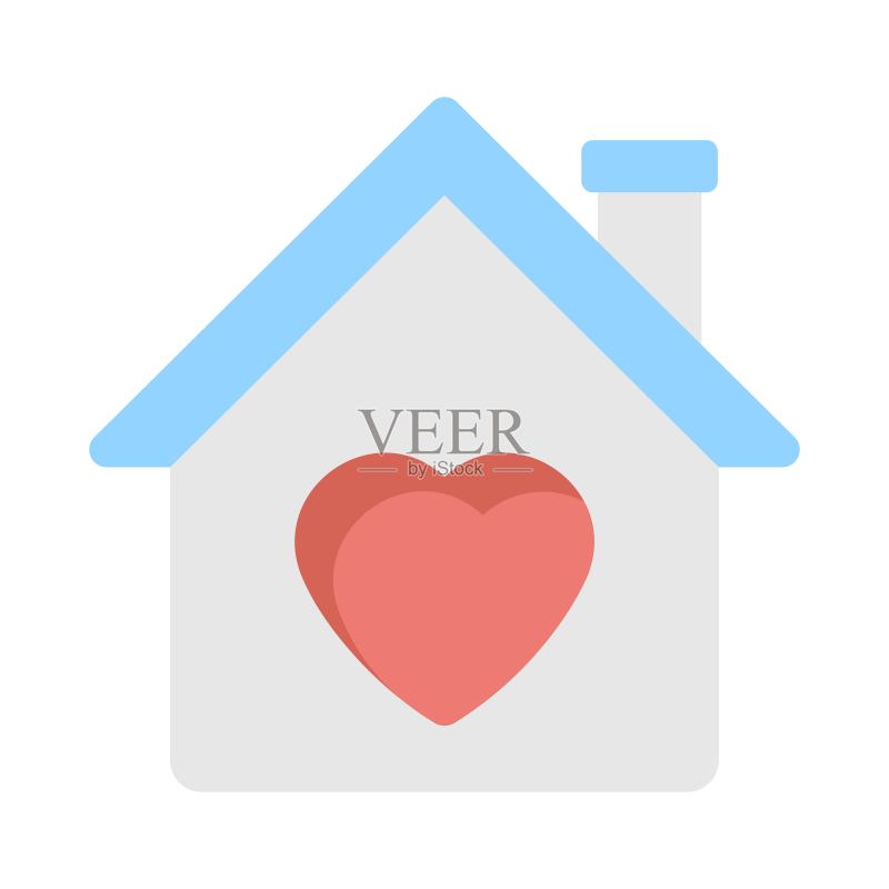 带有心形标志的房屋:喜爱的家园象征,家庭爱心标志,完美的Web和移动应用程序UI概念的扁平图标设计图标素材