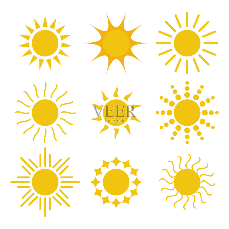 隔离在白色背景上的一组太阳图标图标素材