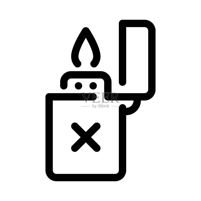 线条样式的打火机图标。禁止明火标志。图标素材