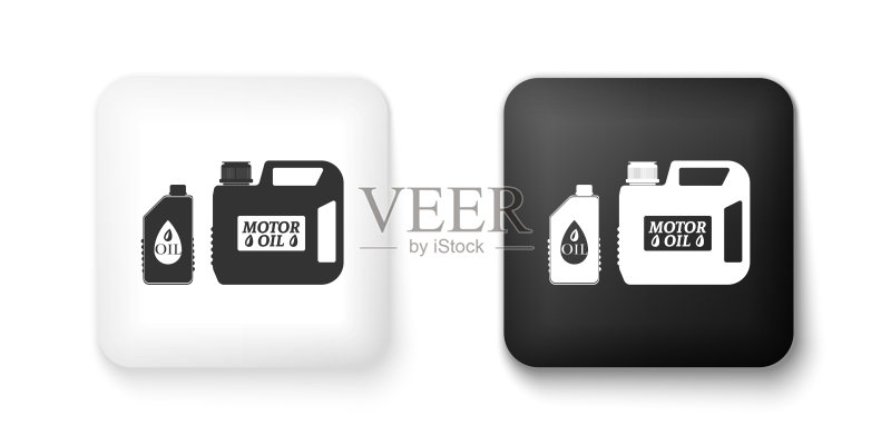 白色背景上的黑白塑料机油罐图标。油桶。换油服务和维修。发动机油标志。方形按钮。矢量图图标素材