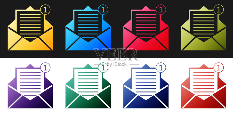 已接收消息概念设置:信封图标在黑白背景上隔离。新邮件、电子邮件传入消息、短信。邮件递送服务。矢量图图标素材