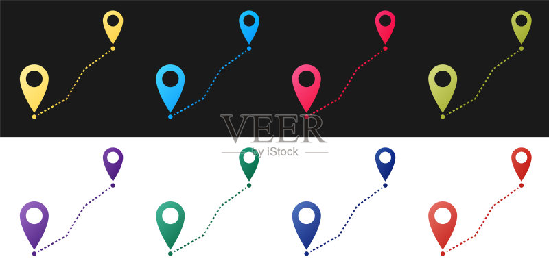 黑色和白色背景上的路线位置图标:地图指针符号,路径或道路概念,GPS导航矢量图图标素材