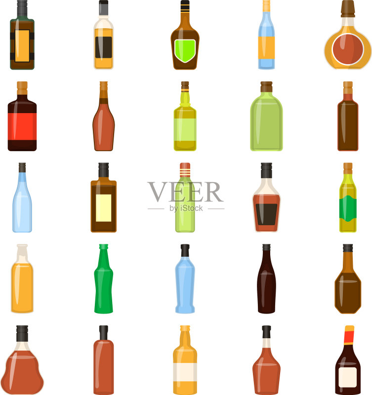 扁平风格酒精饮品瓶子合集图标素材