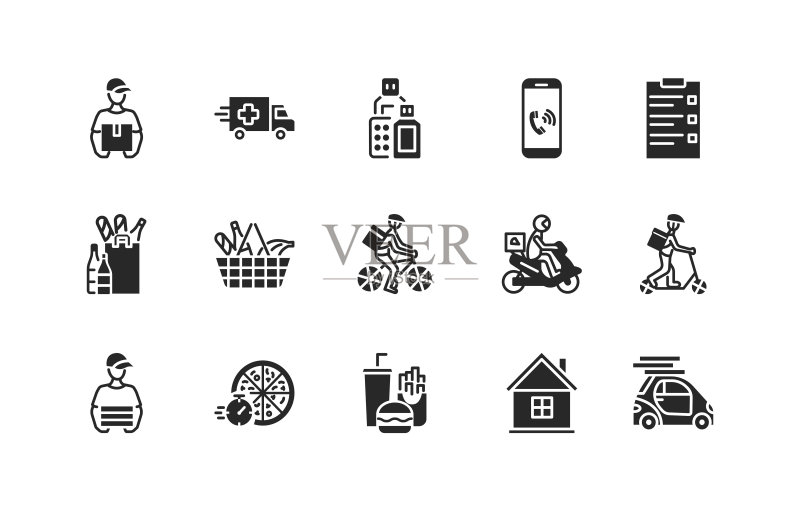 食品与药品配送扁平字形图标集。不同交通工具上的快递员矢量图:摩托车、汽车、自行车和踏板车。披萨外卖图标素材