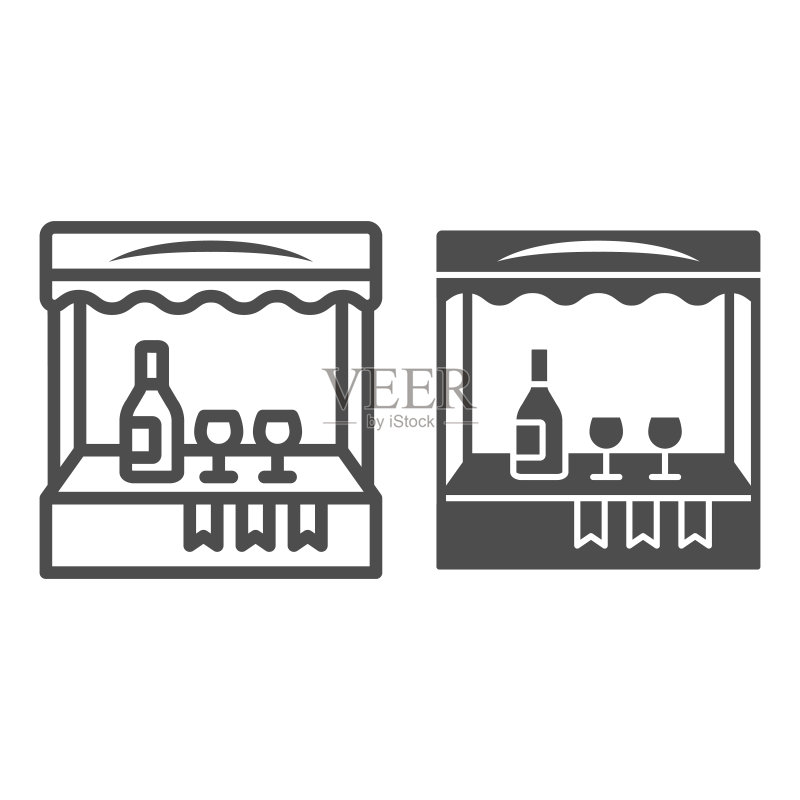 葡萄酒商店线条图标:葡萄酒节概念店面设计图标素材