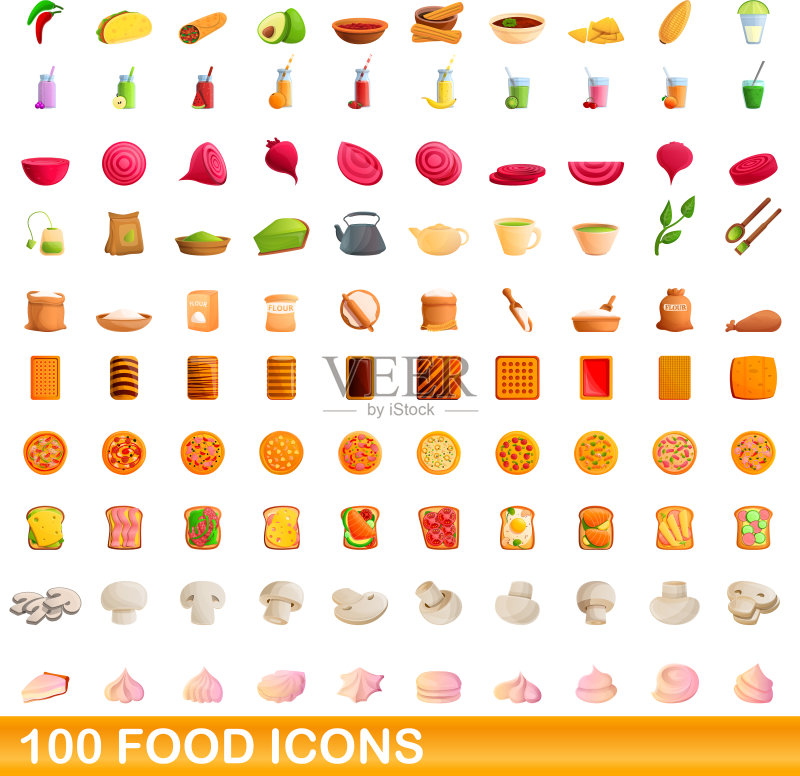 100个食物图标集,卡通风格图标素材