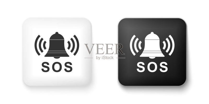 白色背景上的黑白警铃和SOS字母图标,警告铃,帮助标志,紧急求救按钮,方形按钮,矢量图图标素材
