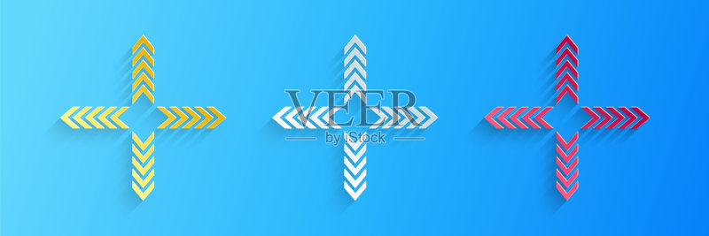 蓝色背景上隔离的纸质四个方向箭头图标。纸艺风格。矢量图标素材