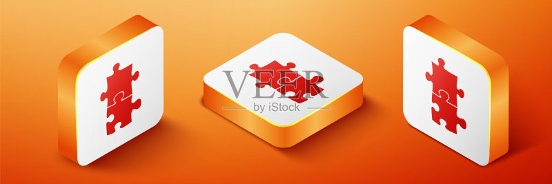 2.5D拼图图标,橙色背景。商业、营销、金融、模板、布局、信息图、互联网概念。橙色方形按钮。矢量图图标素材