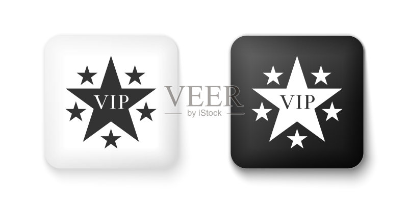 带星圈的黑白VIP星形图标,白色背景上孤立。方形按钮。矢量图标素材