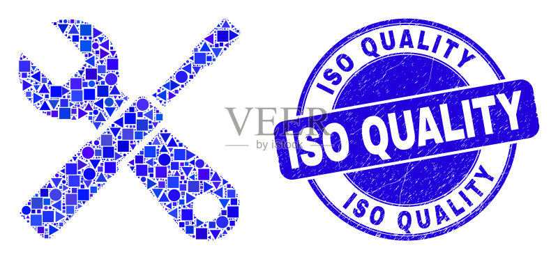 蓝色划痕ISO质量印章和设置工具图标素材