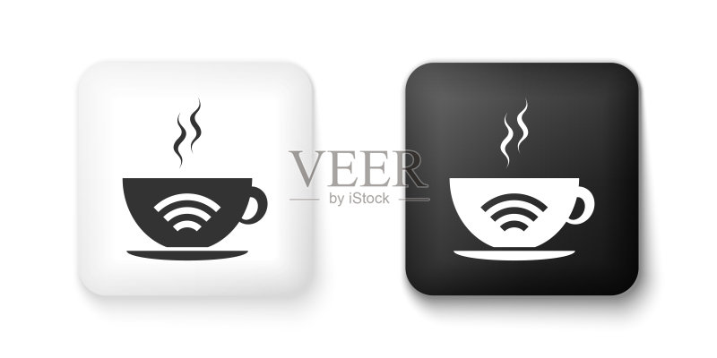 黑白咖啡店免费Wifi区图标,白色背景,方形按钮矢量图图标素材