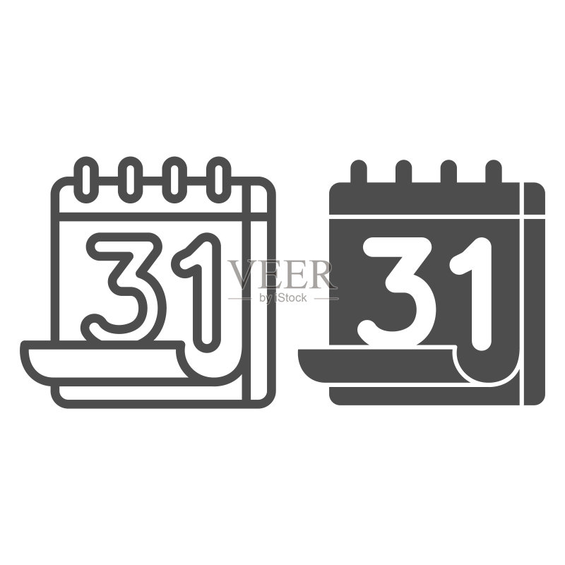 31号日历线性图标,重要日期概念,白色背景日历表标志,移动概念轮廓风格日历图标。矢量图形图标素材