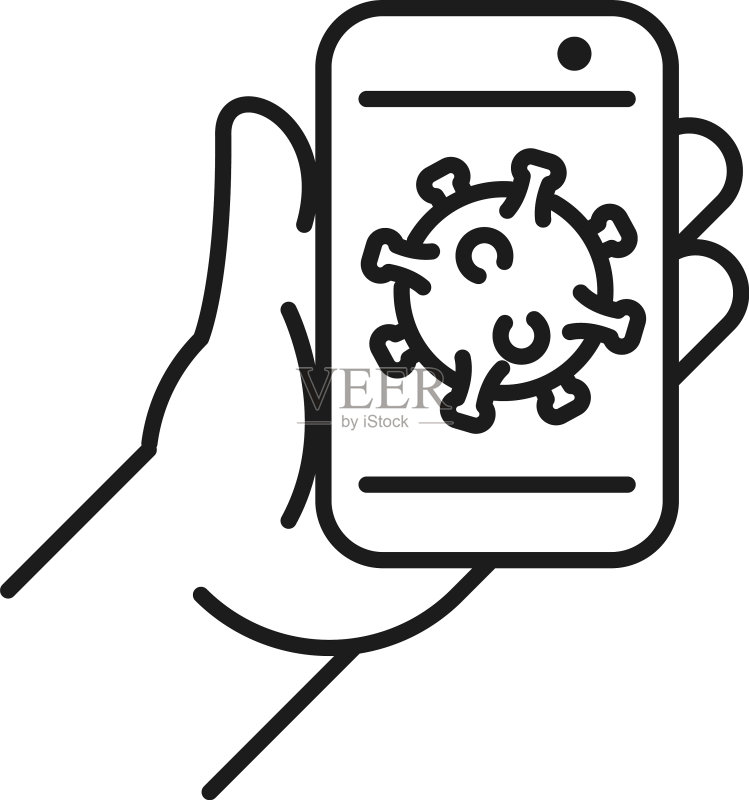 手持智能手机显示COVID-19病毒图标素材