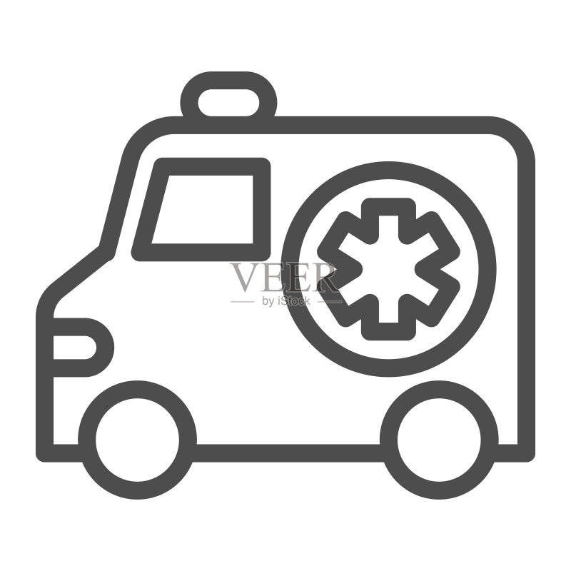 救护车线条图标,医疗概念,白色背景上的紧急运输标志,用于移动概念和网页设计的轮廓风格紧急救护车图标。矢量图形图标素材