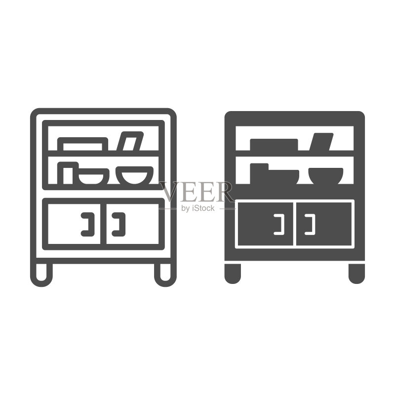 带玻璃和搁板的线条和实体图标:家具概念,白色背景上的餐具柜标志图标素材