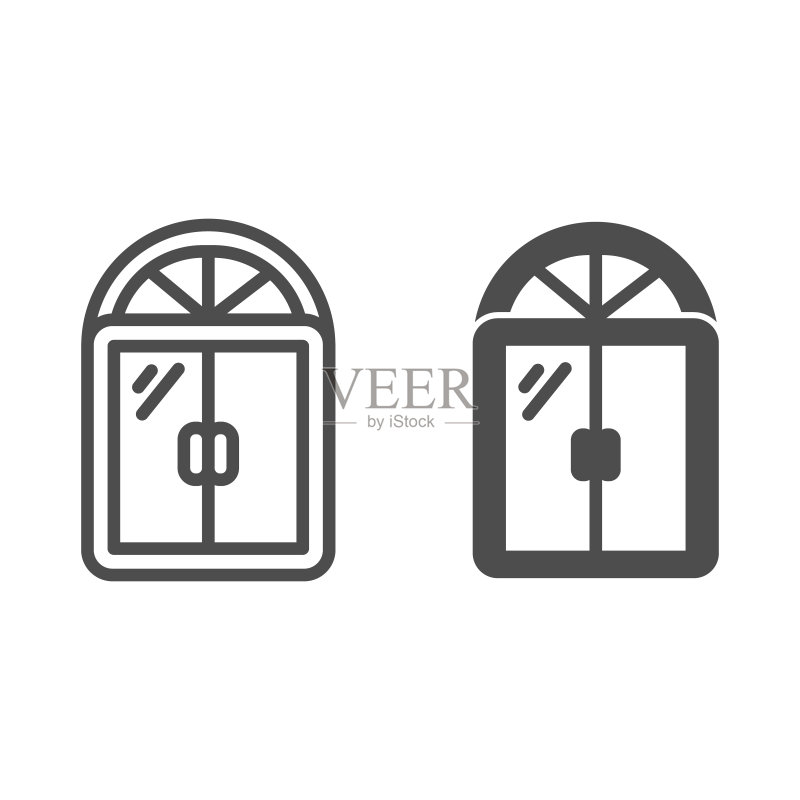 窗户线条和实体图标:家具概念,白色背景上的窗框标志,用于移动概念和网页设计的半圆形仿古窗户轮廓样式图标。矢量图形图标素材