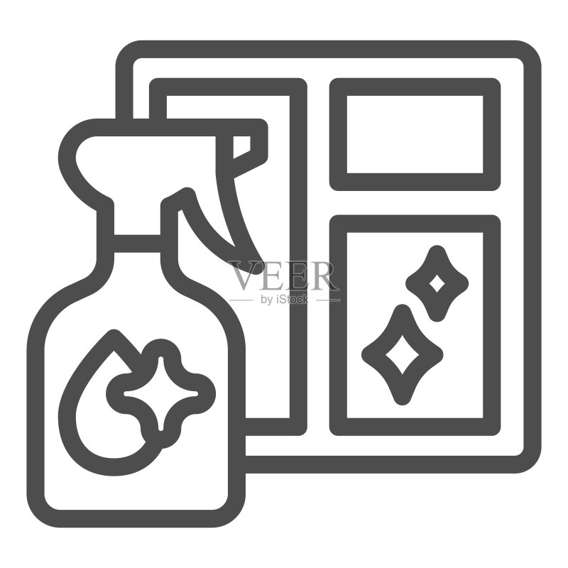 窗户和清洁喷雾线条图标:清洁服务概念,玻璃喷雾瓶标志,白色背景,窗户清洁剂轮廓样式图标,适用于移动设备和网页。矢量图形。图标素材