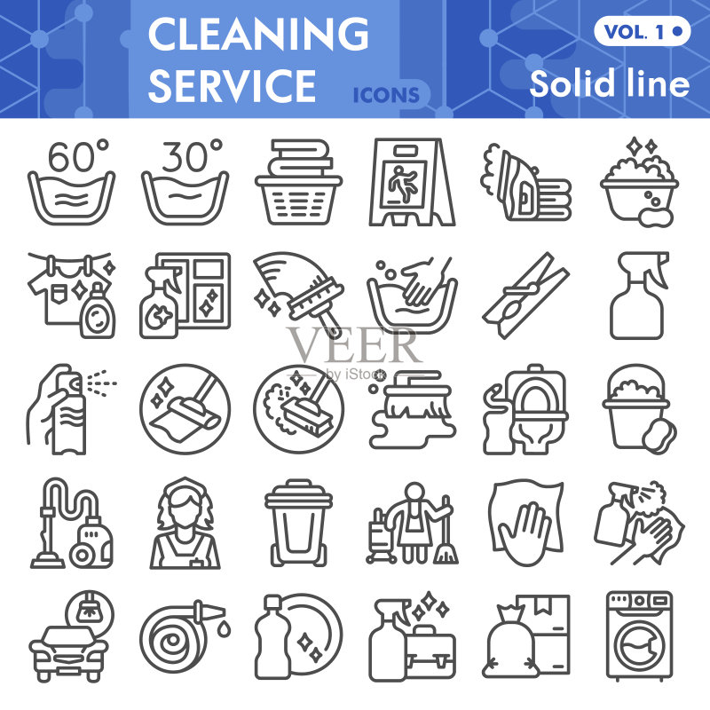 清洁服务线性图标集,清洁工具符号集合或草图,用于Web和App的家庭清理服务线性风格标志,矢量图形,白色背景上隔离图标素材