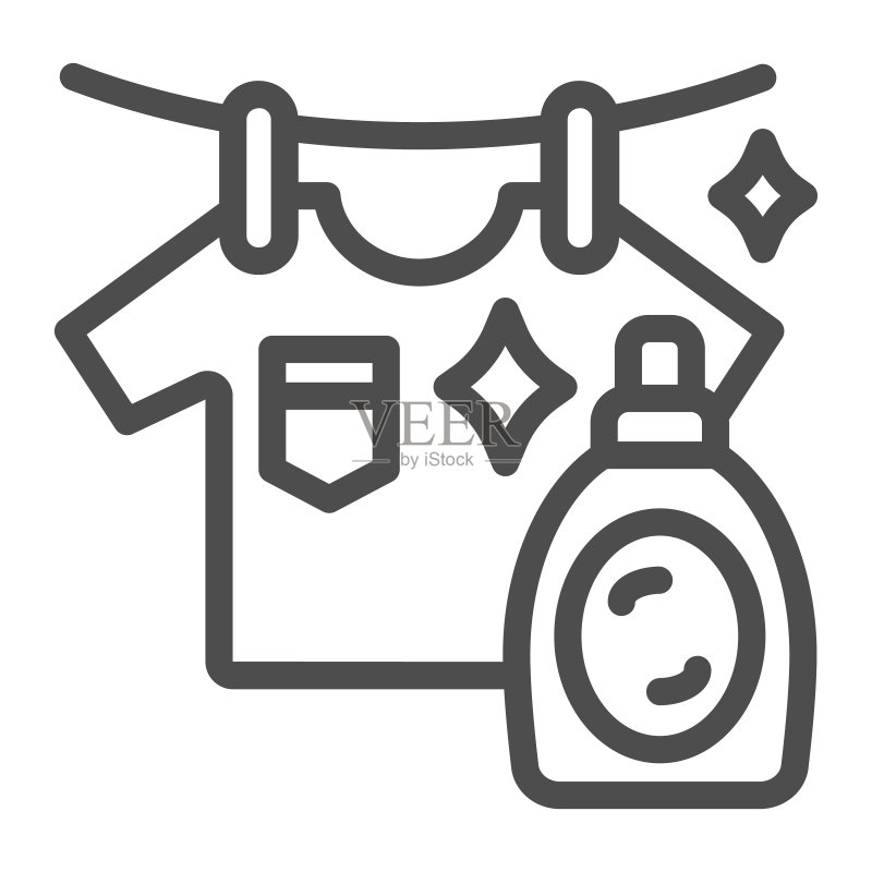 洗过的T恤和瓶子线条图标,家居概念,白色背景上的去污剂瓶和悬挂的布标志,衣物清洁和洗涤符号轮廓样式。矢量图形。图标素材