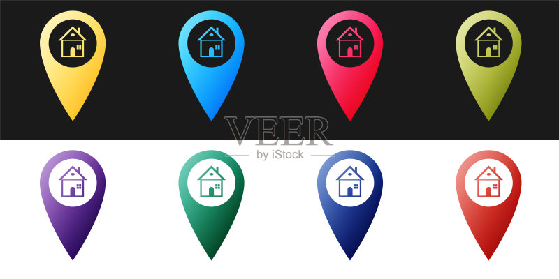 带有房屋图标的地图指针,黑白背景隔离。家庭位置标记符号。矢量图标素材