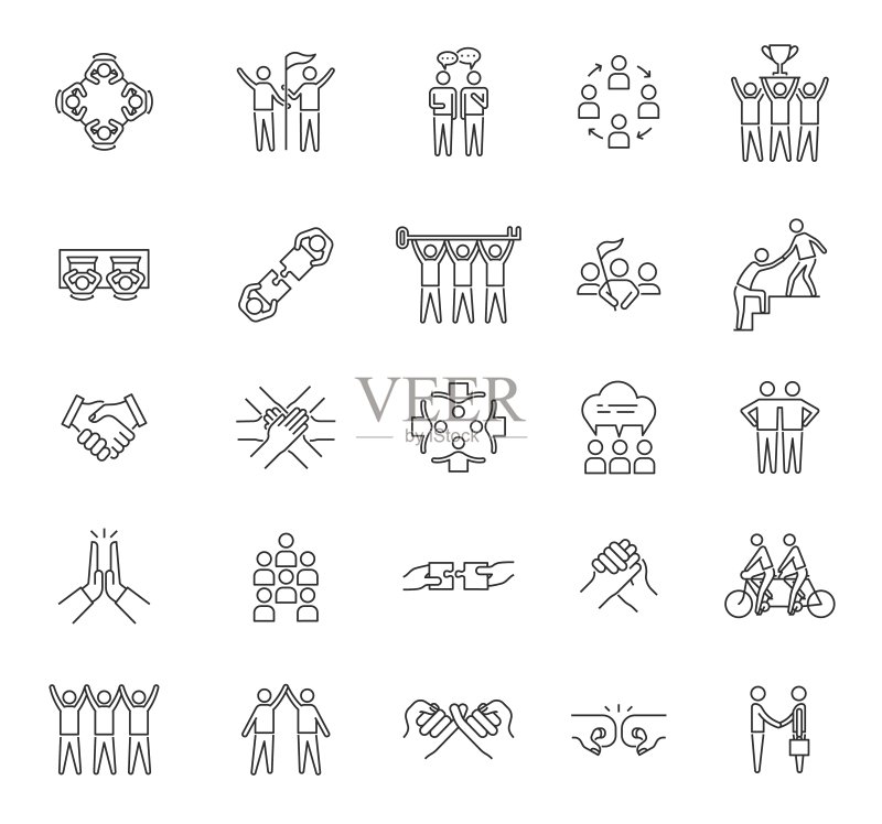 团队合作图标:商业、人力资源和沟通、技术创新、公司团结或企业领导力矢量符号图标素材