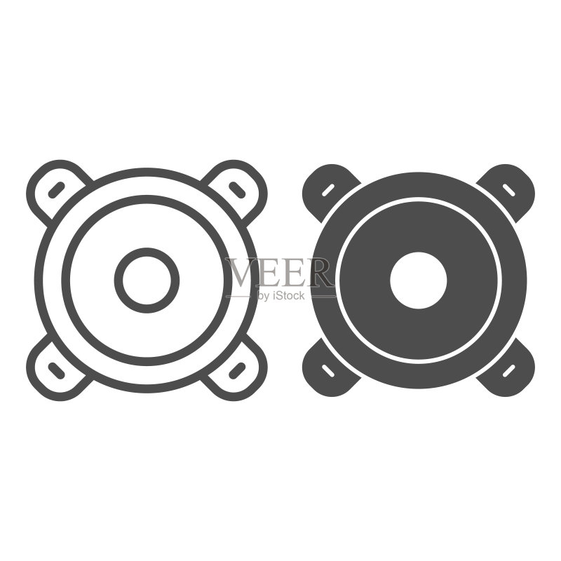 音频扬声器线性图标和实心图标,声音设计概念,白色背景上的立体声标志,适用于移动概念和网页设计的轮廓样式中的声音扬声器图标。矢量图形。图标素材