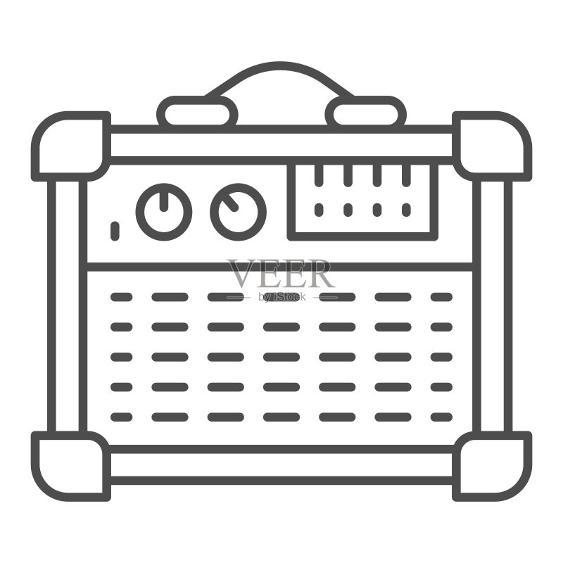 吉他音箱组合细线图标:音响设计的电吉他扬声器,矢量图形图标素材