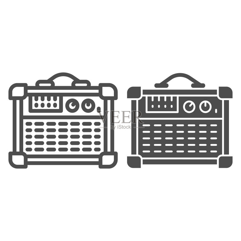 吉他音箱组合线性图标,音响设计概念,白色背景电吉他扬声器标志,适用于移动设备和网页的吉他放大器轮廓样式图标矢量图形。图标素材