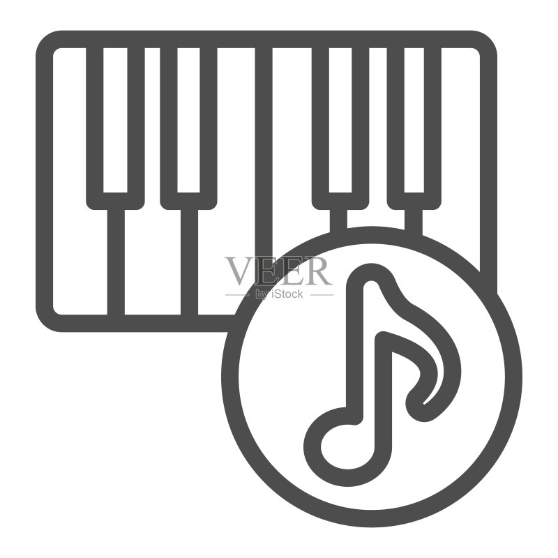 钢琴和音符线性图标,声音设计概念,乐器符号在白色背景上,用于移动和网页设计的钢琴键盘和音符轮廓图标。矢量图形。图标素材