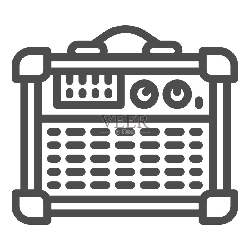 吉他音箱组合线性图标,音响设计概念,电吉他扬声器标志,适用于移动和网络的吉他放大器轮廓图标矢量图形图标素材