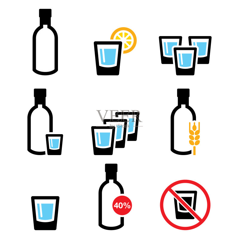 伏特加酒杯和酒瓶矢量图标集 - 酒吧、禁止饮酒警告标志、成瘾概念图标素材