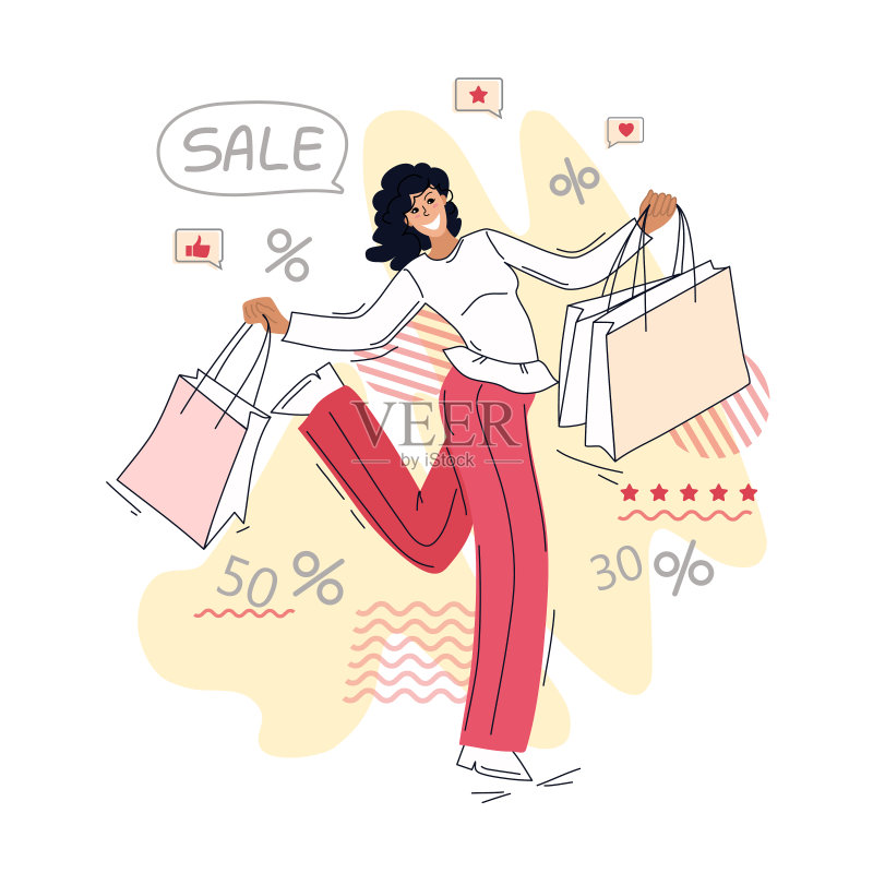 买东西的快乐女人。出售。矢量插图。背景。正版插画素材