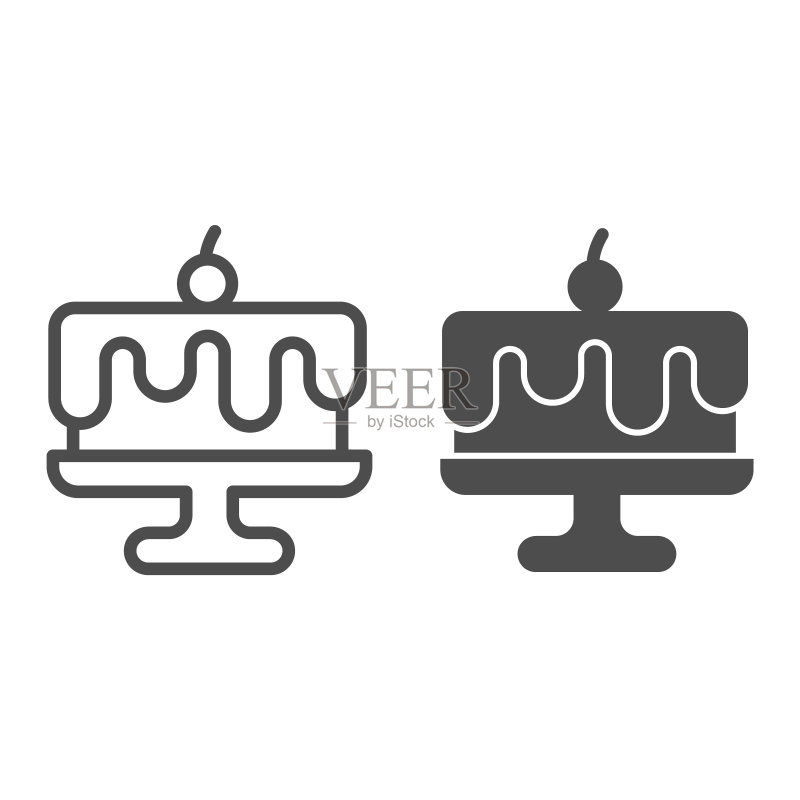 蛋糕架上的巧克力蛋糕线性图标,生日纸杯蛋糕概念,白色背景上带有樱桃标志的蛋糕架,轮廓风格的浆果生日甜点图标。矢量图形。图标素材