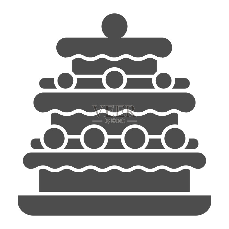 松露蛋糕实体图标,生日纸杯蛋糕概念,白色背景上的三层蛋糕标志,带有巧克力釉的松露甜点字形风格图标,适用于手机和网页。矢量图形图标素材
