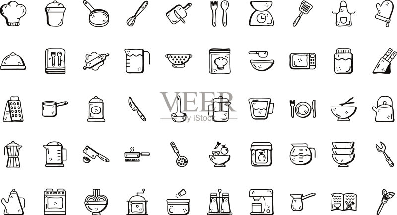 厨师和厨房线条风格图标集设计图标素材