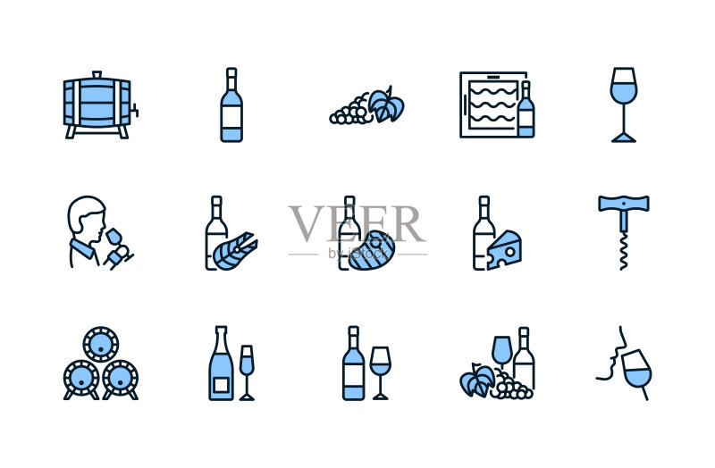 蓝色葡萄酒细线图标集:关于搭配鱼、肉和奶酪的不同类型葡萄酒的矢量图,包括葡萄、侍酒师、奶酪、桶、开瓶器,可编辑笔画图标素材