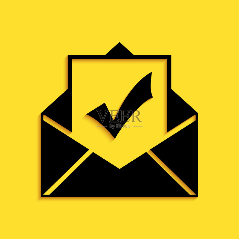 黄色背景上的带文档和勾号的黑色信封图标图标素材
