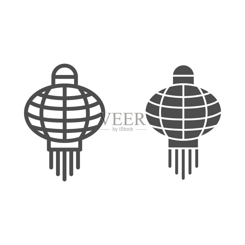 中国灯笼线稿和实体图标,中秋节概念,纸灯笼符号图标素材